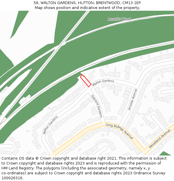 56, WALTON GARDENS, HUTTON, BRENTWOOD, CM13 1EP: Location map and indicative extent of plot