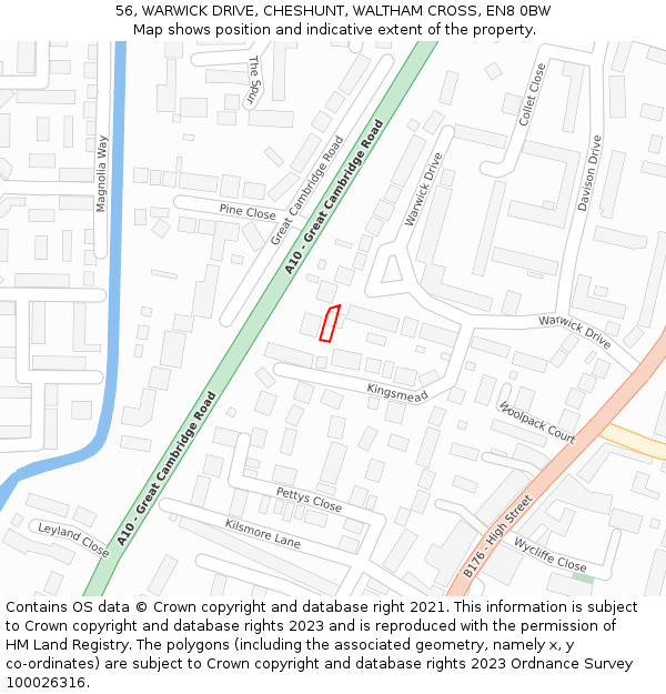 56, WARWICK DRIVE, CHESHUNT, WALTHAM CROSS, EN8 0BW: Location map and indicative extent of plot