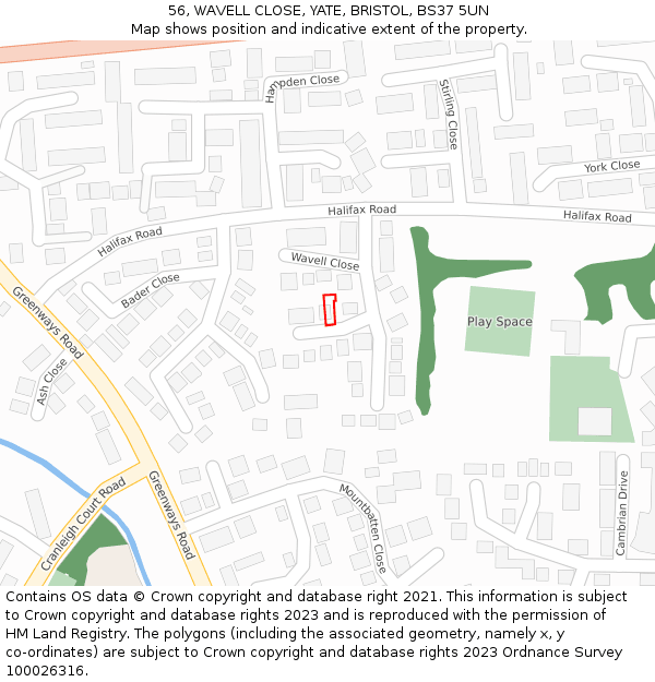 56, WAVELL CLOSE, YATE, BRISTOL, BS37 5UN: Location map and indicative extent of plot