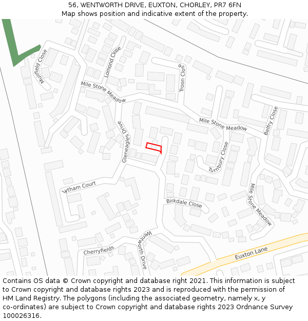 56, WENTWORTH DRIVE, EUXTON, CHORLEY, PR7 6FN: Location map and indicative extent of plot