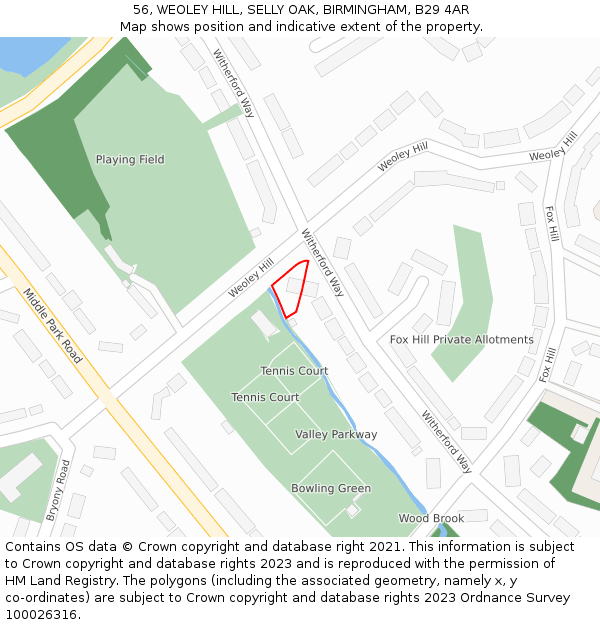 56, WEOLEY HILL, SELLY OAK, BIRMINGHAM, B29 4AR: Location map and indicative extent of plot