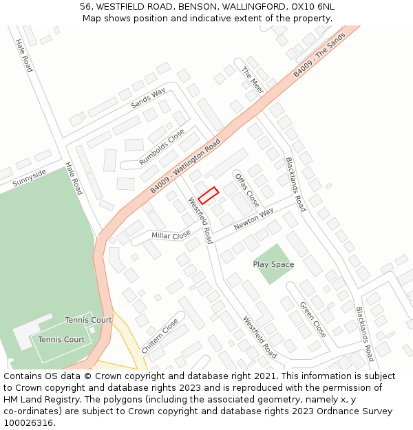 56, WESTFIELD ROAD, BENSON, WALLINGFORD, OX10 6NL: Location map and indicative extent of plot