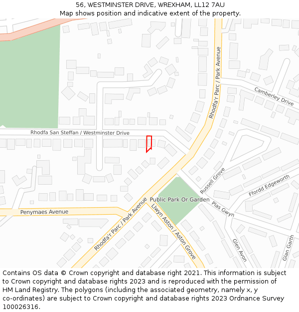 56, WESTMINSTER DRIVE, WREXHAM, LL12 7AU: Location map and indicative extent of plot