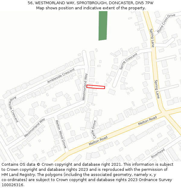 56, WESTMORLAND WAY, SPROTBROUGH, DONCASTER, DN5 7PW: Location map and indicative extent of plot