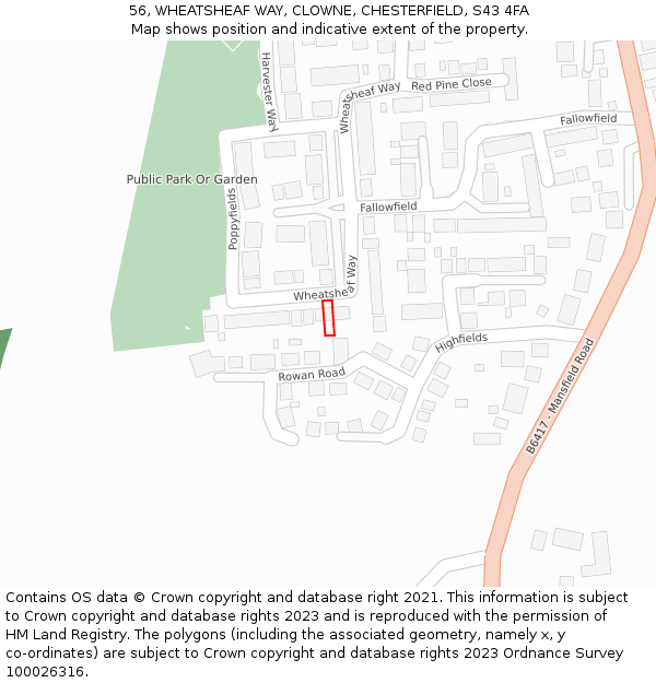 56, WHEATSHEAF WAY, CLOWNE, CHESTERFIELD, S43 4FA: Location map and indicative extent of plot