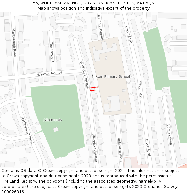 56, WHITELAKE AVENUE, URMSTON, MANCHESTER, M41 5QN: Location map and indicative extent of plot