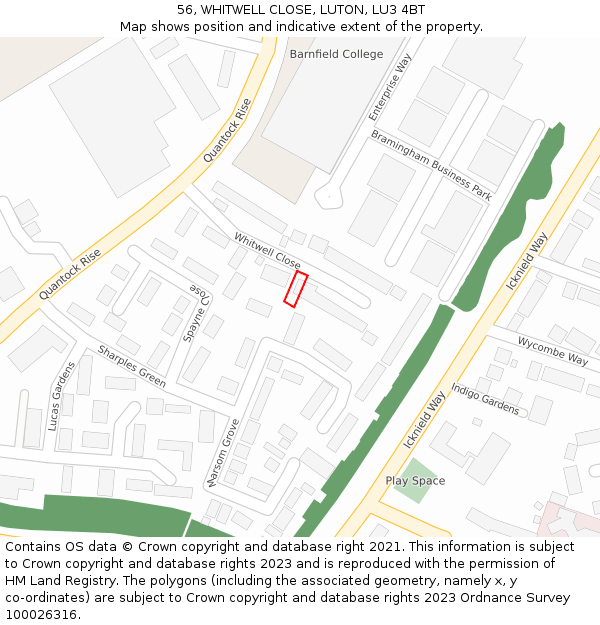 56, WHITWELL CLOSE, LUTON, LU3 4BT: Location map and indicative extent of plot