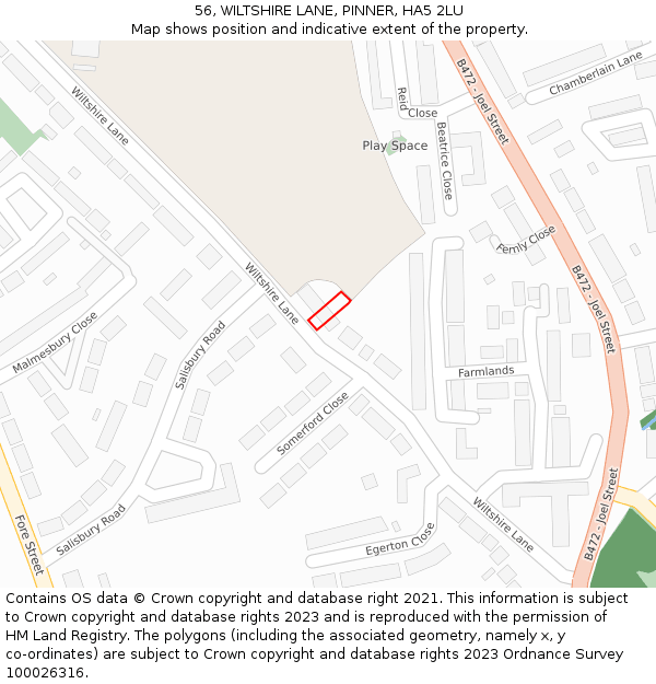 56, WILTSHIRE LANE, PINNER, HA5 2LU: Location map and indicative extent of plot
