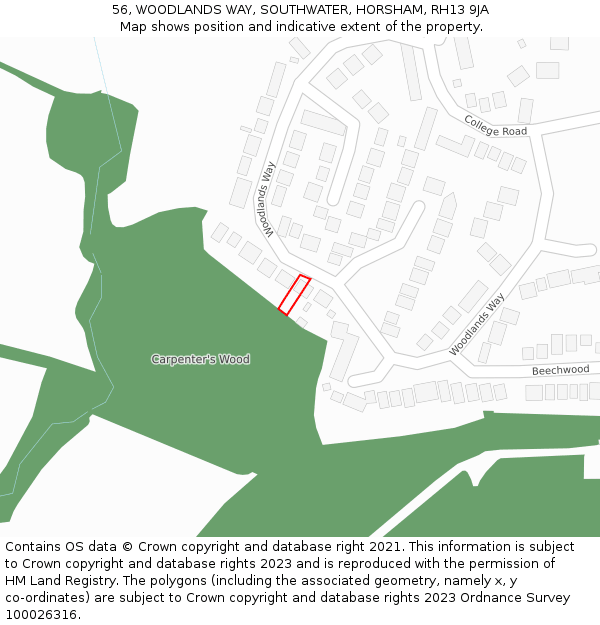 56, WOODLANDS WAY, SOUTHWATER, HORSHAM, RH13 9JA: Location map and indicative extent of plot