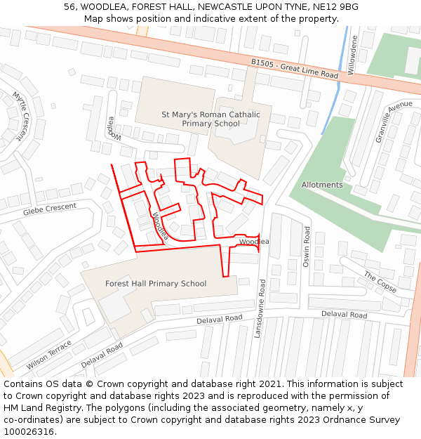 56, WOODLEA, FOREST HALL, NEWCASTLE UPON TYNE, NE12 9BG: Location map and indicative extent of plot