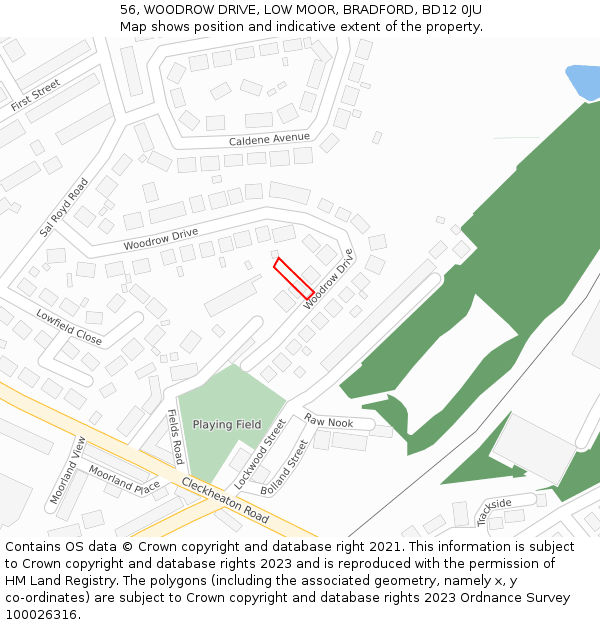 56, WOODROW DRIVE, LOW MOOR, BRADFORD, BD12 0JU: Location map and indicative extent of plot