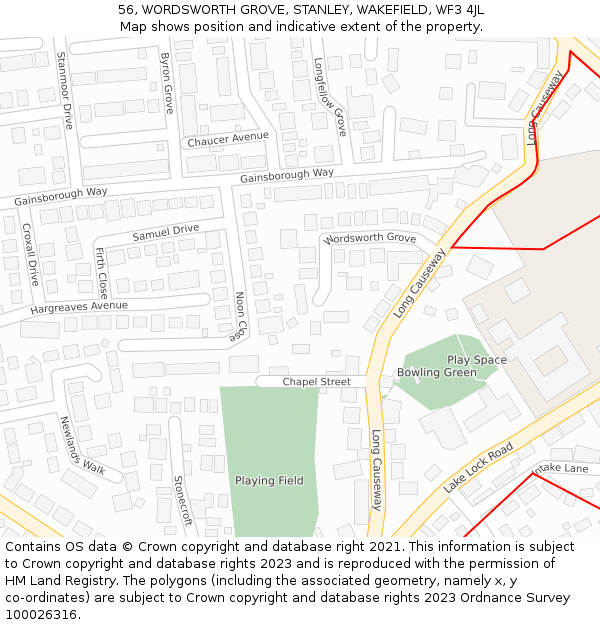 56, WORDSWORTH GROVE, STANLEY, WAKEFIELD, WF3 4JL: Location map and indicative extent of plot