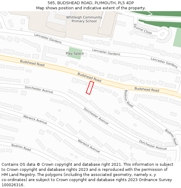 565, BUDSHEAD ROAD, PLYMOUTH, PL5 4DP: Location map and indicative extent of plot