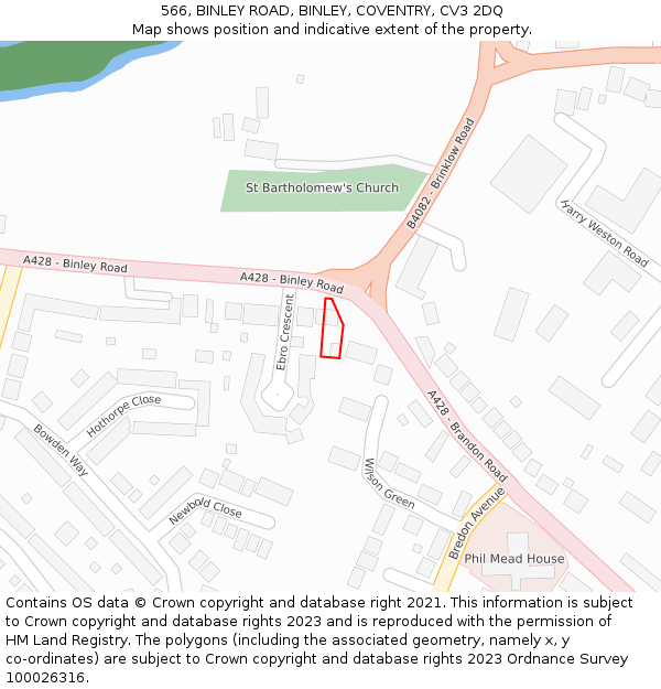 566, BINLEY ROAD, BINLEY, COVENTRY, CV3 2DQ: Location map and indicative extent of plot