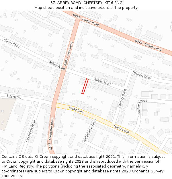 57, ABBEY ROAD, CHERTSEY, KT16 8NG: Location map and indicative extent of plot