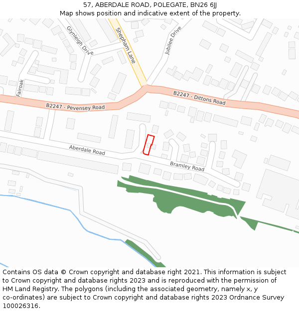 57, ABERDALE ROAD, POLEGATE, BN26 6JJ: Location map and indicative extent of plot