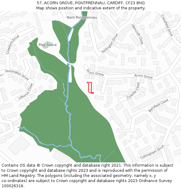 57, ACORN GROVE, PONTPRENNAU, CARDIFF, CF23 8NG: Location map and indicative extent of plot