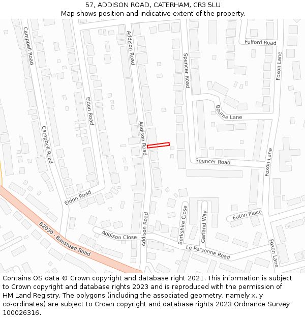 57, ADDISON ROAD, CATERHAM, CR3 5LU: Location map and indicative extent of plot