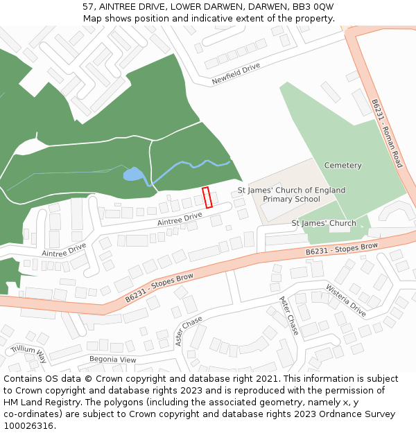 57, AINTREE DRIVE, LOWER DARWEN, DARWEN, BB3 0QW: Location map and indicative extent of plot