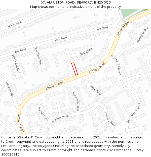 57, ALFRISTON ROAD, SEAFORD, BN25 3QD: Location map and indicative extent of plot