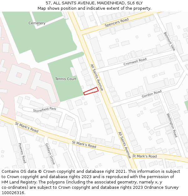 57, ALL SAINTS AVENUE, MAIDENHEAD, SL6 6LY: Location map and indicative extent of plot