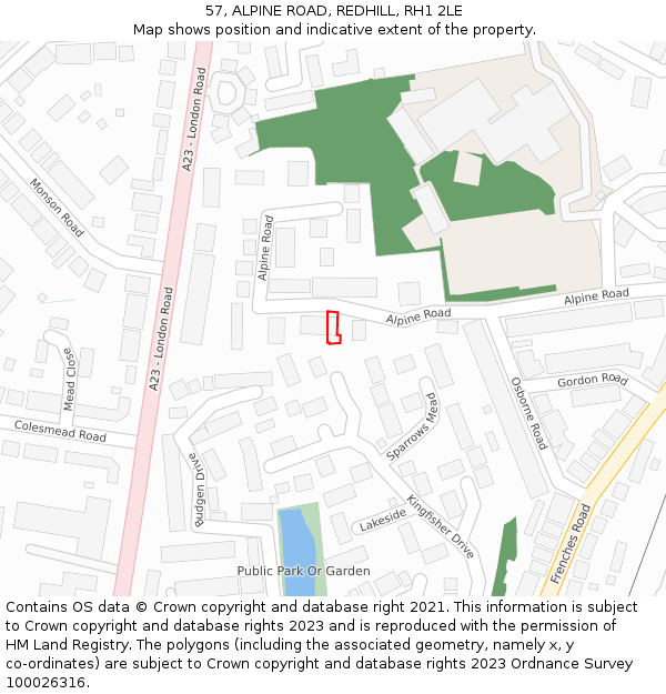 57, ALPINE ROAD, REDHILL, RH1 2LE: Location map and indicative extent of plot