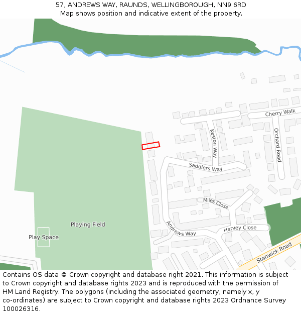 57, ANDREWS WAY, RAUNDS, WELLINGBOROUGH, NN9 6RD: Location map and indicative extent of plot