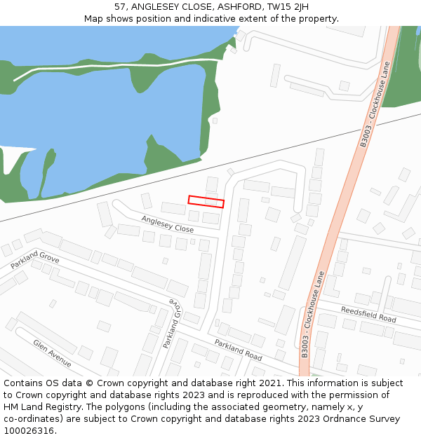 57, ANGLESEY CLOSE, ASHFORD, TW15 2JH: Location map and indicative extent of plot