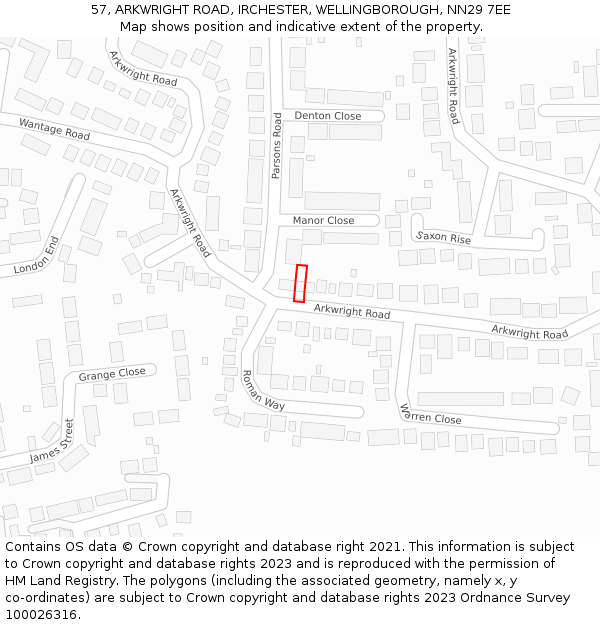 57, ARKWRIGHT ROAD, IRCHESTER, WELLINGBOROUGH, NN29 7EE: Location map and indicative extent of plot