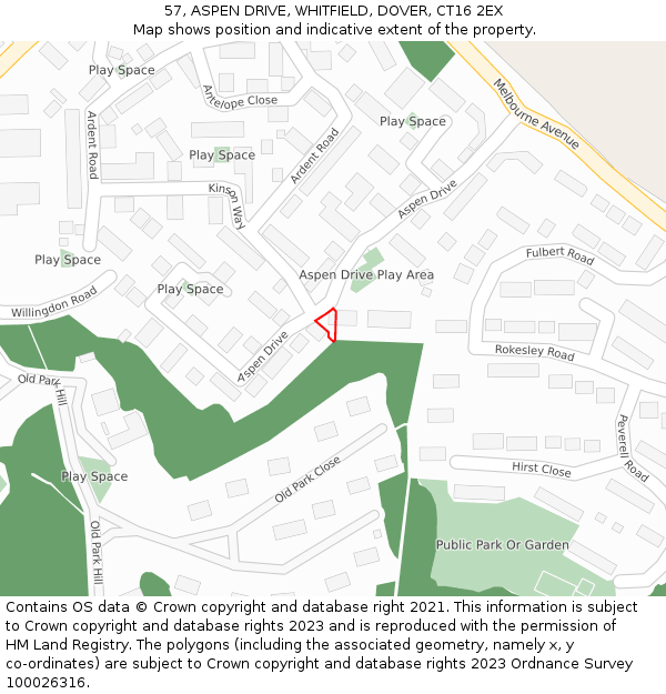 57, ASPEN DRIVE, WHITFIELD, DOVER, CT16 2EX: Location map and indicative extent of plot