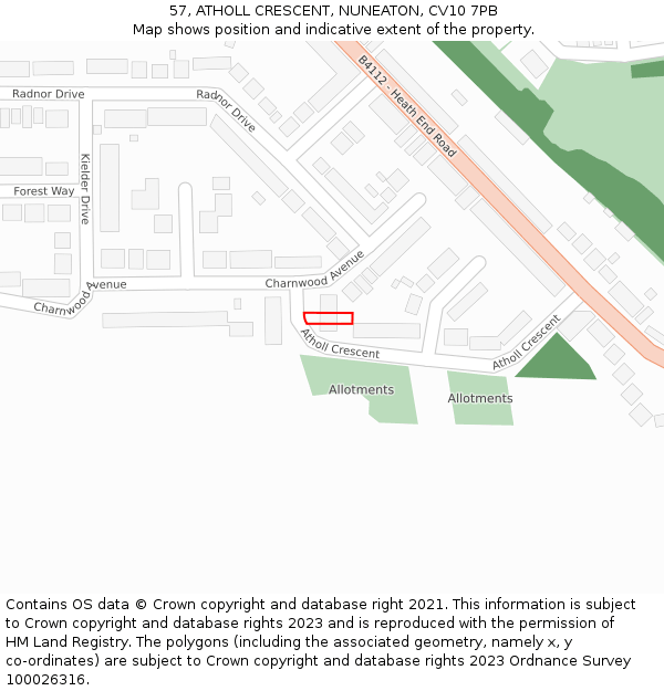 57, ATHOLL CRESCENT, NUNEATON, CV10 7PB: Location map and indicative extent of plot