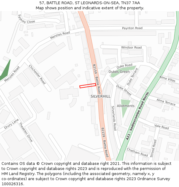 57, BATTLE ROAD, ST LEONARDS-ON-SEA, TN37 7AA: Location map and indicative extent of plot