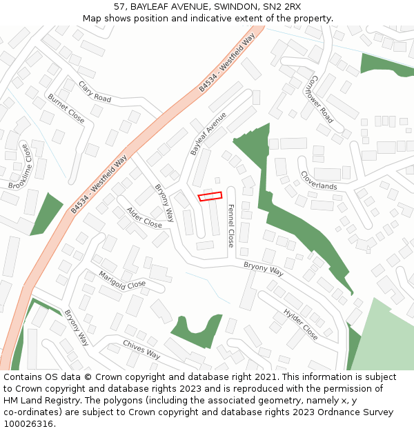 57, BAYLEAF AVENUE, SWINDON, SN2 2RX: Location map and indicative extent of plot