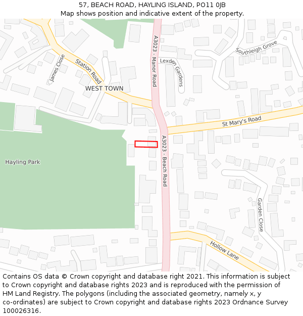 57, BEACH ROAD, HAYLING ISLAND, PO11 0JB: Location map and indicative extent of plot