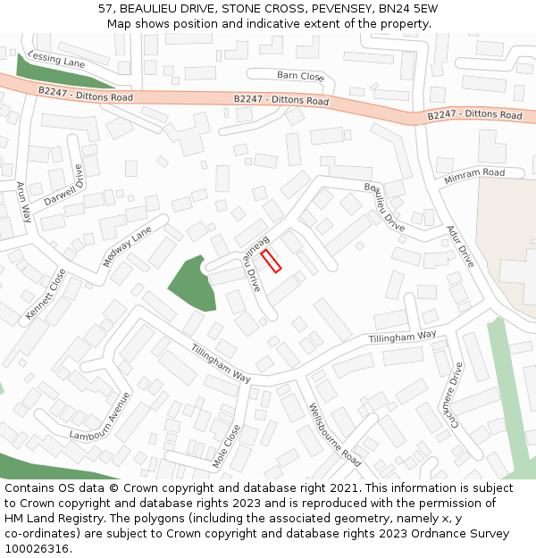 57, BEAULIEU DRIVE, STONE CROSS, PEVENSEY, BN24 5EW: Location map and indicative extent of plot