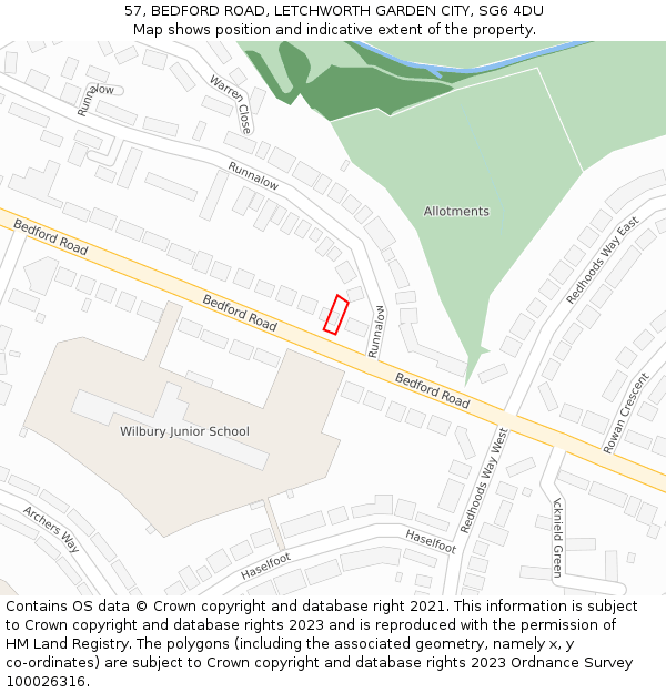 57, BEDFORD ROAD, LETCHWORTH GARDEN CITY, SG6 4DU: Location map and indicative extent of plot