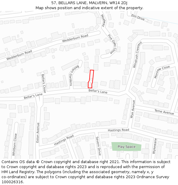 57, BELLARS LANE, MALVERN, WR14 2DJ: Location map and indicative extent of plot