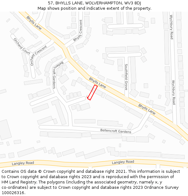 57, BHYLLS LANE, WOLVERHAMPTON, WV3 8DJ: Location map and indicative extent of plot