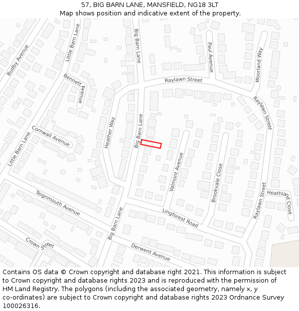 57, BIG BARN LANE, MANSFIELD, NG18 3LT: Location map and indicative extent of plot