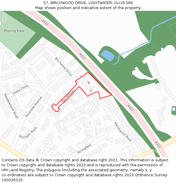 57, BIRCHWOOD DRIVE, LIGHTWATER, GU18 5RX: Location map and indicative extent of plot