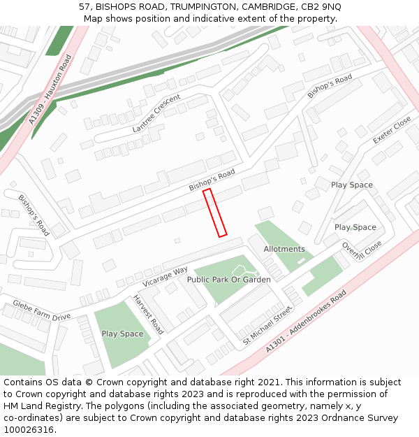 57, BISHOPS ROAD, TRUMPINGTON, CAMBRIDGE, CB2 9NQ: Location map and indicative extent of plot