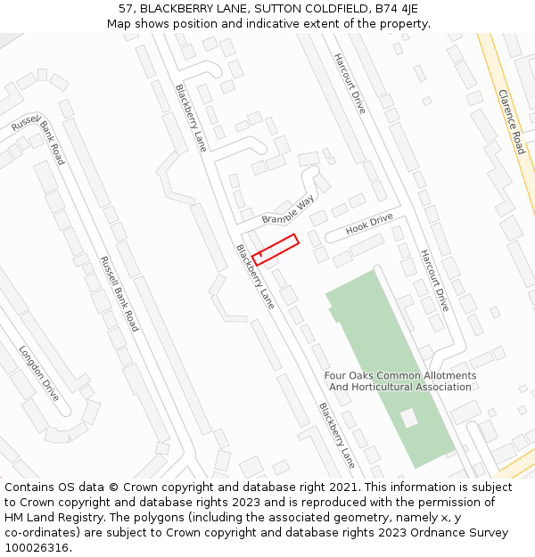 57, BLACKBERRY LANE, SUTTON COLDFIELD, B74 4JE: Location map and indicative extent of plot