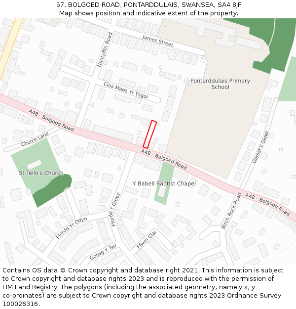 57, BOLGOED ROAD, PONTARDDULAIS, SWANSEA, SA4 8JF: Location map and indicative extent of plot