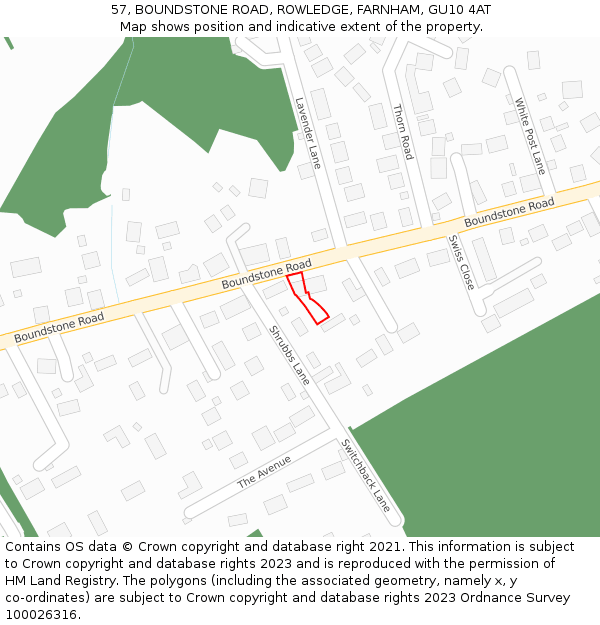 57, BOUNDSTONE ROAD, ROWLEDGE, FARNHAM, GU10 4AT: Location map and indicative extent of plot
