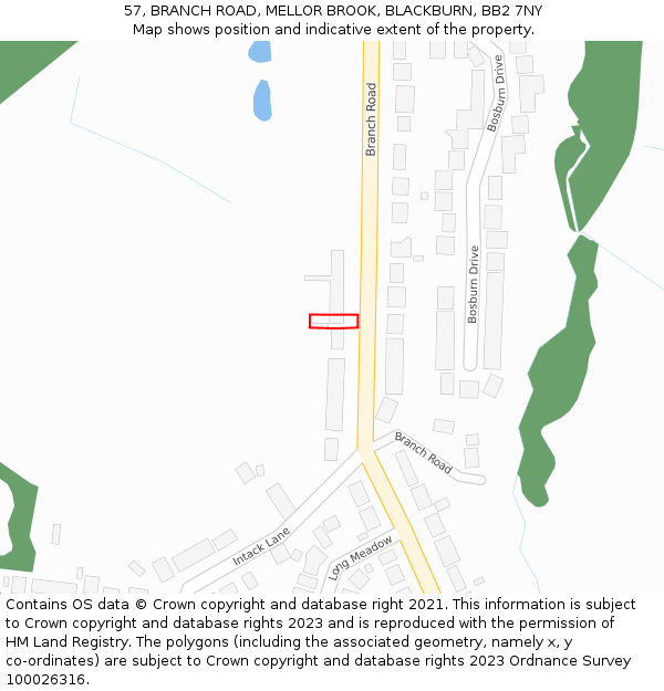 57, BRANCH ROAD, MELLOR BROOK, BLACKBURN, BB2 7NY: Location map and indicative extent of plot