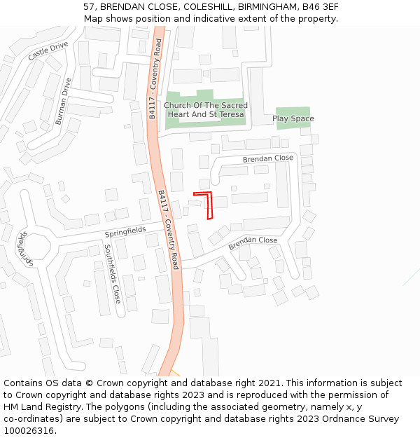 57, BRENDAN CLOSE, COLESHILL, BIRMINGHAM, B46 3EF: Location map and indicative extent of plot