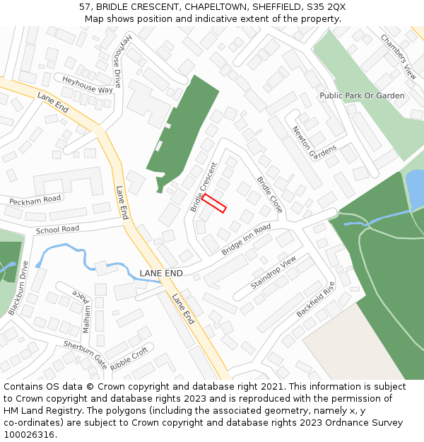 57, BRIDLE CRESCENT, CHAPELTOWN, SHEFFIELD, S35 2QX: Location map and indicative extent of plot