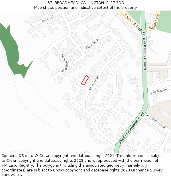 57, BROADMEAD, CALLINGTON, PL17 7DD: Location map and indicative extent of plot