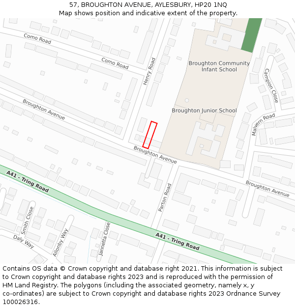 57, BROUGHTON AVENUE, AYLESBURY, HP20 1NQ: Location map and indicative extent of plot