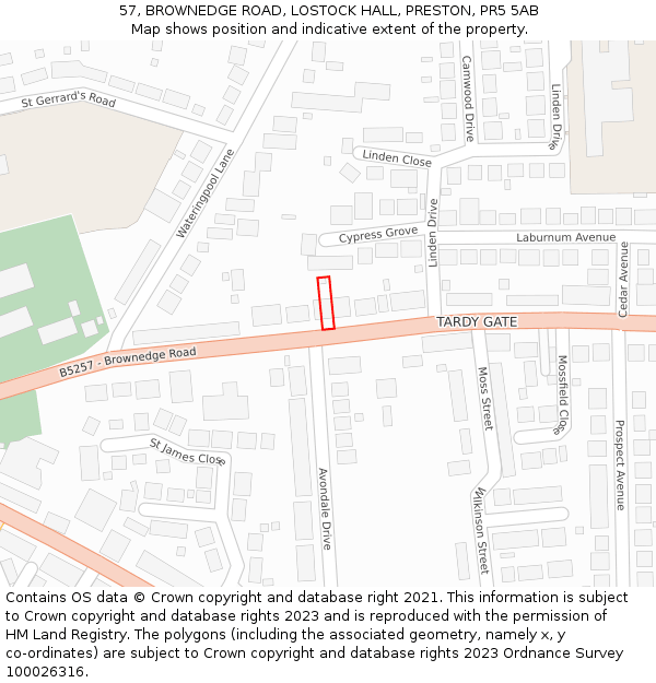 57, BROWNEDGE ROAD, LOSTOCK HALL, PRESTON, PR5 5AB: Location map and indicative extent of plot